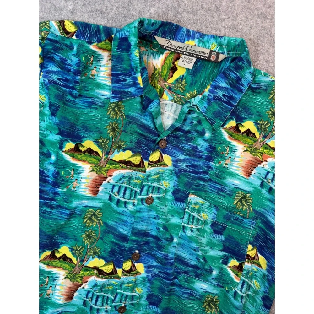 Pineapple Connection Creations By HeyMan Mens L Rayon Tropical Hawaiian Shirt